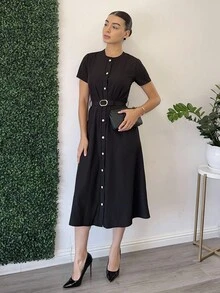 Andrea Bello Women's Solid Color Short Sleeve Single-Breasted Casual Commuting Mid-Length Dress - Black - View 6