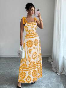 SHEIN PETITE Váy dây mảnh in họa tiết hở lưng phong cách Bohemian thường ngày dành cho nữ - Màu vàng - Xem 1