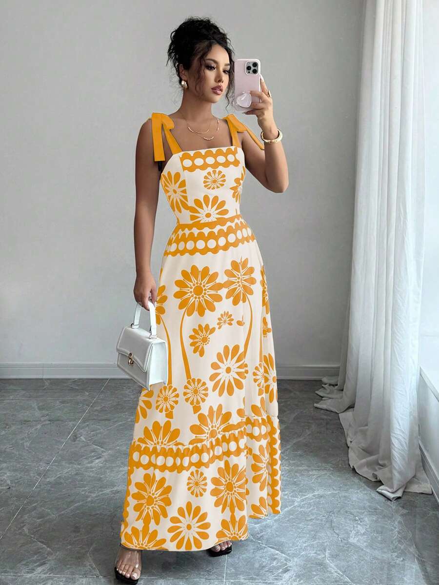 SHEIN PETITE Váy dây mảnh in họa tiết hở lưng phong cách Bohemian thường ngày dành cho nữ - Màu vàng - Xem 1