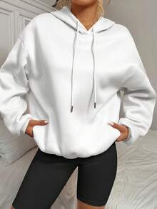 SHEIN EZwear Sudadera con capucha blanca de corte holgado con estampado de figura en verde y negro, de estilo minimalista y casual, para otoño/invierno