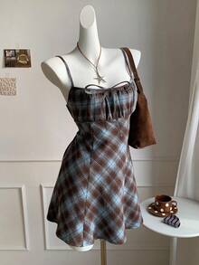 Comfortcana 大码休闲复古蓝棕色格子连衣裙