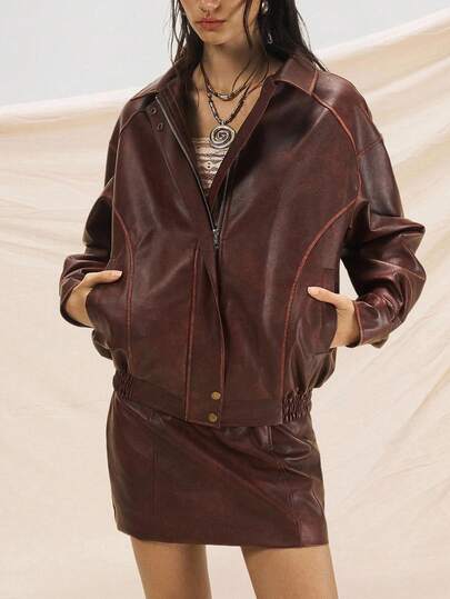 Easelle 复古做旧 PU 皮革休闲夹克