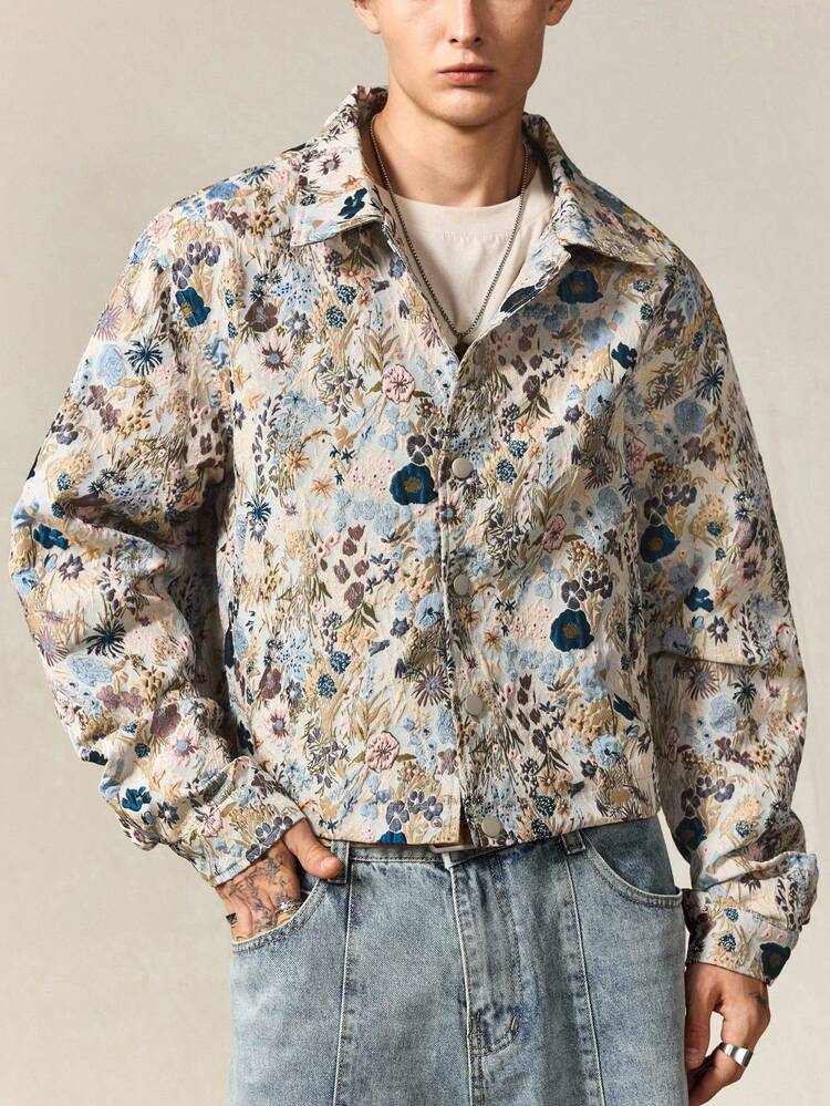 ROMWE MEN Men's Floral Print Button Front Casual Long Sleeve Jacket And Coat - Brown - View 7