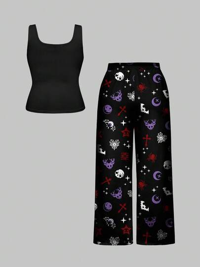 Goth Ensemble pyjama débardeur et pantalon imprimé intégral grande taille, motifs gothiques de Noël : chat, canne de bonbon, crâne, croix, cerf, œil, toile d'araignée, lune. Vêtements de nuit décontractés.