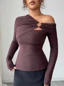 Rafferiza Autumn/Winter Fashion New Comfortable Ribbed Fabric Solid Color Sexy Asymmetric Neck Ruched Design Versatile Long Sleeve T-Shirt - Brown - View 6