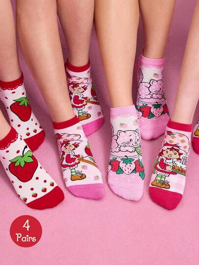 Strawberry Shortcake X SHEIN 4 Pairs Soft & Breathable Moisture-Wicking Casual Women Ankle Socks Fashionable & Cute Cartoon Pink & Red Short Socks Reinforced Toe & Heel For Durabiliy All Season All-Match Summer Winter Strawberry