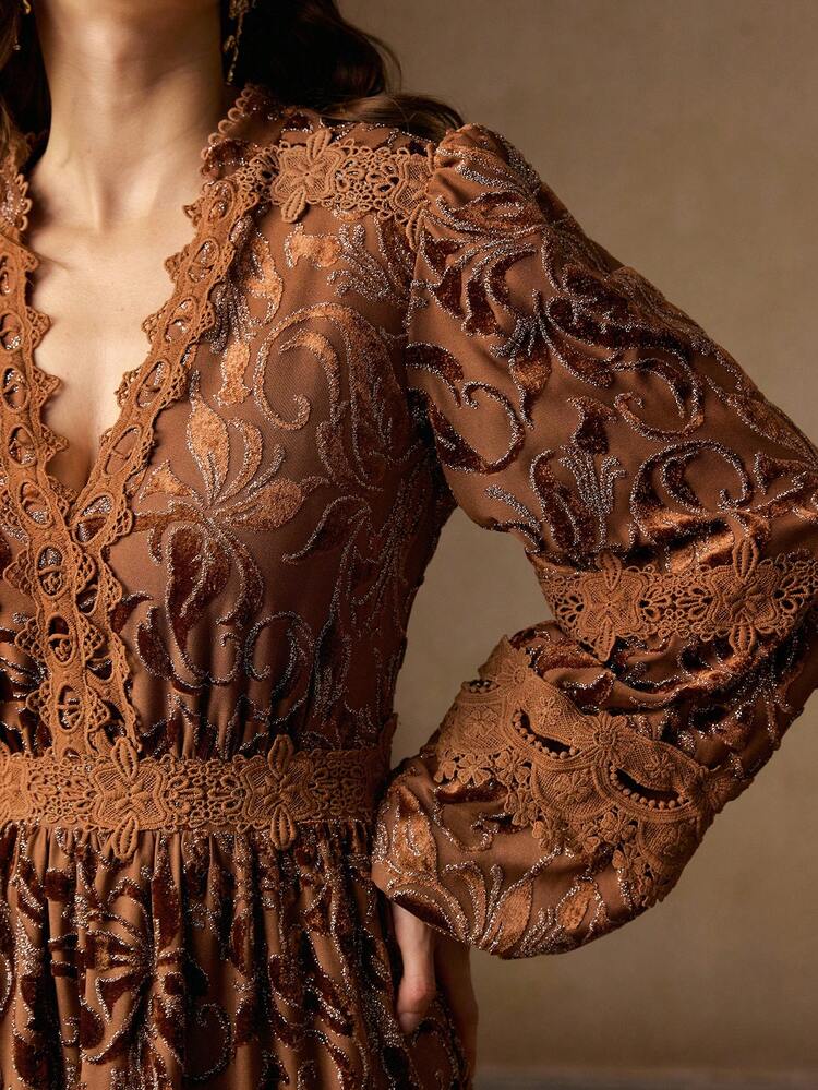 Vestido largo con mangas de farol, cuello en V, encaje calado, bordado de terciopelo, estilo romántico francés, adecuado para otoño/invierno, Navidad, Año Nuevo, fiestas, elegante, lujoso, formal, chic, Halloween