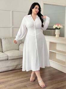 Modelyn Váy cài nút phía trước màu trơn thường ngày cỡ lớn - trắng - Xem 3