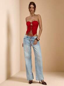 SHEIN BAE Women's Sexy Lace Criss-Cross Bandeau Top, Summer,Christmas,Red Top,Sexy Tops - Red - View 7