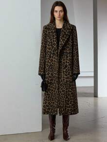 Aveloria Modichic Abrigo largo con cinturón y estampado de leopardo para mujer, otoño/invierno - Marrón - Ver 6