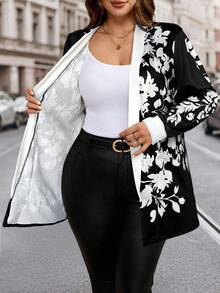 SHEIN Clasi Damen Große Größen Blume Muster Langarm Offene Vorderseite Lässige Mode Jacke, Herbst - Schwarz und Weiss - Übersicht 6