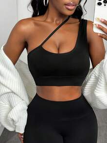 Slaydiva One Shoulder Crop Sports Bra - Black - View 7