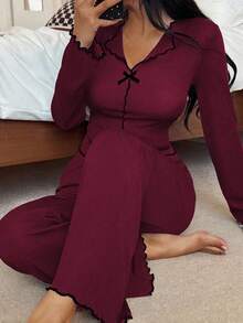 SHEIN Women's Black & Red Contrast Trim Slim Fit Long Sleeve Top & Pants Pajama Set, Autumn/Winter, Fall Clothes, Cozy Outfit - Burgundy - View 3