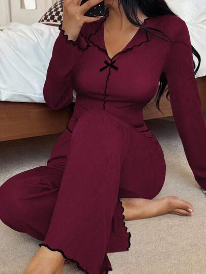 Zwart Rood Contrast Slim Fit Long Sleeve Top Pants Pajama Set, Fall Clothes, Cozy Outfit view 3