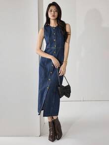 Heiryn 女式前扣无袖简约紧身连衣裙，适合日常穿着的休闲装 - 深色水洗藍 - 查看 4