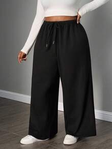 SHEIN PETITE CURVE Plus Size Women's Simple Front Tie Loose Sweatpants, Casual Daily Wear Fall Winter - Black - View 4