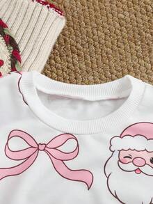 Playful Pals 小女孩圣诞老人印花卫衣和裤子两件套，适合居家、外出、聚会、节日、秋冬的休闲装 - 彩色 - 查看 5