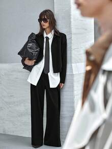 Ontre 女士翻领长袖短款外套，都市通勤商务休闲风，简约时尚女士冬季外套 - 黑色 - 查看 3