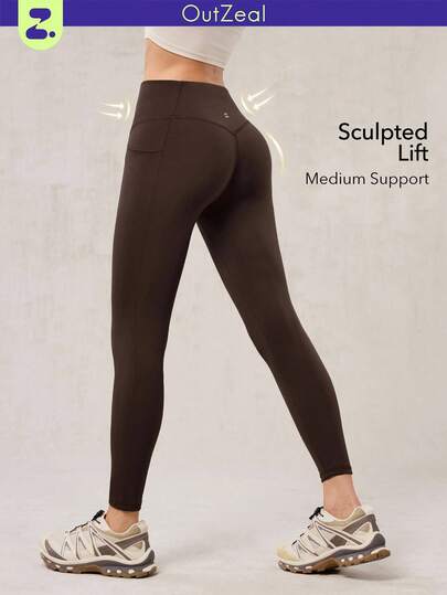 OutZeal 女士健身运动棕色紧身裤，适合普拉提、塑形、提臀等运动，吸汗速干，高腰设计，带口袋。