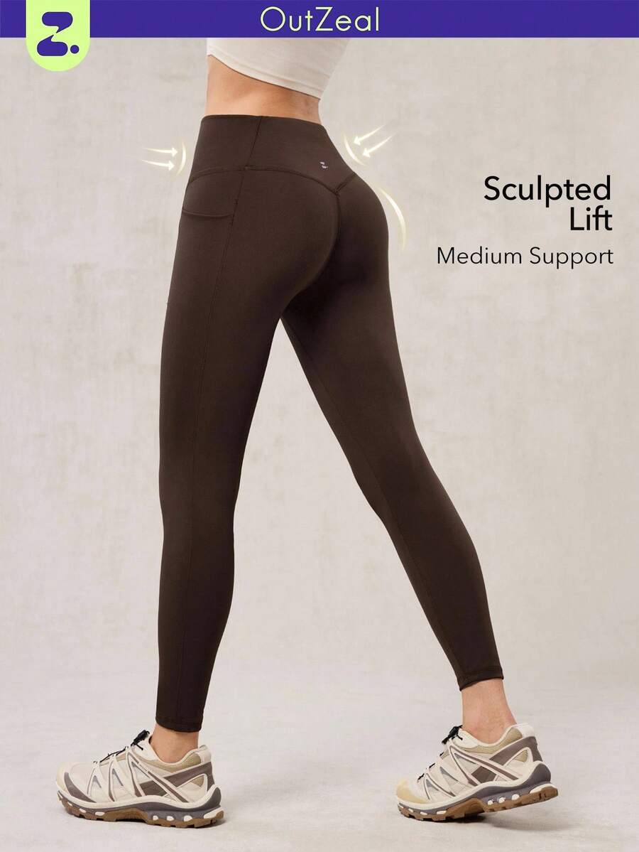 OutZeal 女士健身运动棕色紧身裤，适合普拉提、塑形、提臀等运动，吸汗速干，高腰设计，带口袋。 - 棕色 - 查看 1