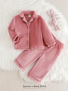 Cozy Pixies 2 pezzi Set di cardigan a maniche lunghe con colletto a costine e pantaloni in vita elastica in colori a contrasto per bambina, fodera in pile spessa