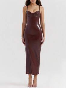 SHEIN BAE 秋冬纯棕色/咖啡色 PU 皮革性感简约紧身胸衣连体衣，修身长肩带连衣裙，适合鸡尾酒会、浪漫约会、分层连衣裙、派对、夜总会、万圣节、圣诞节 - 咖啡棕 - 查看 5
