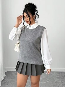 Elenzga Chaleco de punto holgado de unicolor con cuello redondo para mujer talla grande, otoño - Gris - Ver 4