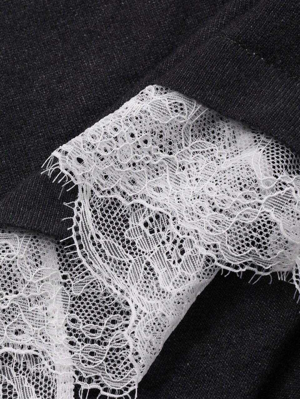 Women's Lace Patchwork Waist Cinched Gray Sweater