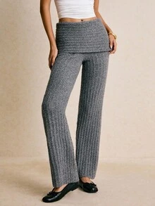 Poéselle Women's Casual Fold-Over Waist Ribbed Knit Pants,Gray Knit Foldover Waist Wide Leg Pants – Comfy High Waisted Sweater Trousers For Women, Y2K Fall 2025,Foldover Waist Knit Pants,Cute Fall Clothes,Grey Ribbed Trousers,Fall Sweater Pants