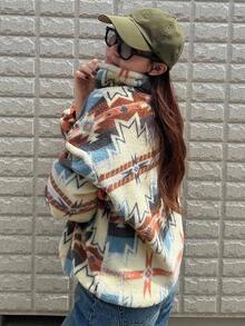 FRIFUL 女士立领撞色抽绳落肩长袖羊羔绒下摆收腰宽松休闲百搭卫衣，秋季保暖内衬，冬季