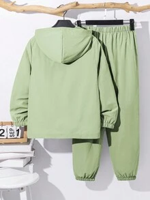 SHEIN 2pcs/Set Tween Boy Semi-Open Hooded Jacket And Elasticated Waist Pants Sporty Casual Outfit, Suitable For Autumn/Winter - Mint Green - View 2