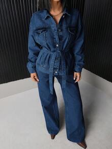 EURMUSE Flap Pocket Button Front Denim Jacket - Medium Wash - View 6