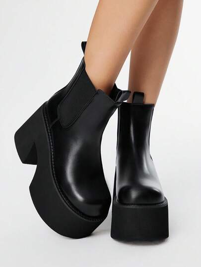 Grunge Punk 4,0 pollici Stivali corti con suola spessa e tacco a zeppa, punta tonda, gambale elastico, tacco chunky, stile gotico punk in pelle, stivali alla caviglia per uso esterno e pendolarismo per donne