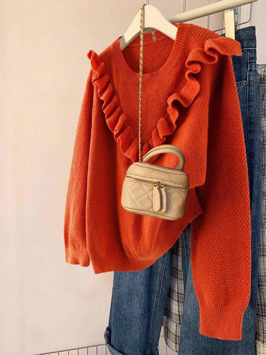 SHEIN Clasi Plus Size Women Solid Color Long Sleeve Loose Ruffled Hem Pullover Sweater, Autumn/Winter - Orange - View 1