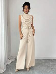 Elenzga Women's Elegant Green Mandarin Collar Ruched Sleeveless Jumpsuit, Fitted Waist, Spring/Summer - Apricot - View 4