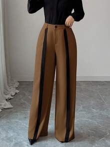 Elenzga Women's Khaki And Black Straight-Leg Pants With Pockets And Zipper, Suitable For Autumn/Winter Outfits, Halloween, Christmas, Saudi National Day, New Year's Party, Graduation Ceremony, Wedding, Role-Playing, Formal Teacher Attire, Mature Elegant, OL Workplace Commute, Business Casual Office - Brown - View 3