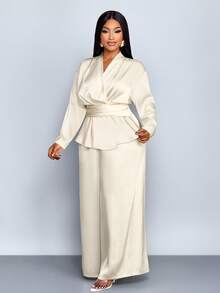 SOLERSUN Ensemble femme grande taille, couleur unie, élégant, col V, manches longues, satin, ourlet asymétrique chemise et pantalon droit jambe large, élégant, deux pièces, décontracté, ample, polyvalent pour tous les jours