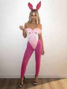 SHEIN ICON 女式万圣节兔女郎吊带缎面人造毛皮拼接紧身衣搭配粉色长袜两件套 - 粉色 - 查看 7