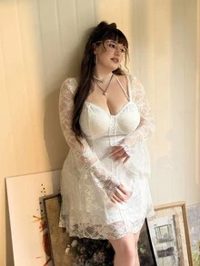 CovetEZ Váy ren trắng tay dài thường ngày cỡ lớn cho nữ, thắt eo - trắng - Xem 1