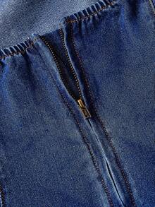 SHEIN MOD 女式优雅方领无袖腰部系带喇叭下摆牛仔连衣裙，夏季 - 藍色 - 查看 3