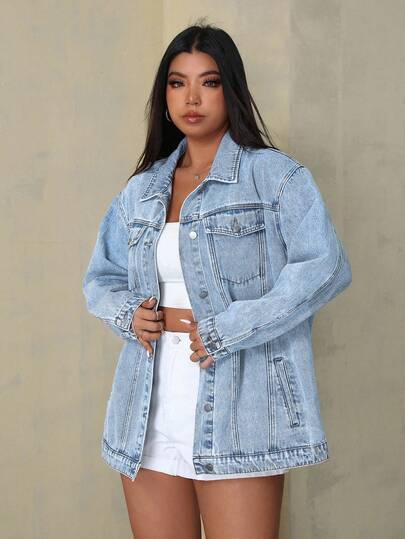 SHEIN EZwear Plus Size Women's Casual Loose Fit Drop Shoulder Long Sleeve Denim Jacket, Spring Autumn