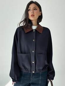 Aloruh 女士休闲通勤撞色领子拼布口袋单排扣开衫，秋季 - 寶藍色 - 查看 5