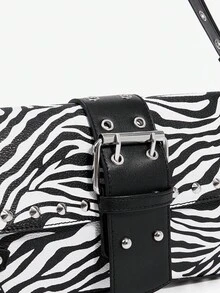 SHEIN X Lucía Bellido SHEIN SXY 女士单肩包、流浪包、黑白斑马纹、动物纹、流苏、铆钉、时尚、街头、简约、个性、百搭、适合约会、日常、购物、下午茶 - 黑與白 - 查看 6