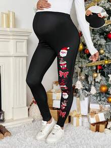 SHEIN Adjustable Waist Bow Tie Santa Claus Print Casual Leggings For Pregnant Women Autumn/Winter Tights Leggings Christmas Leggings Black Leggings For Women Maternity Leggings Santa Claus Leggings