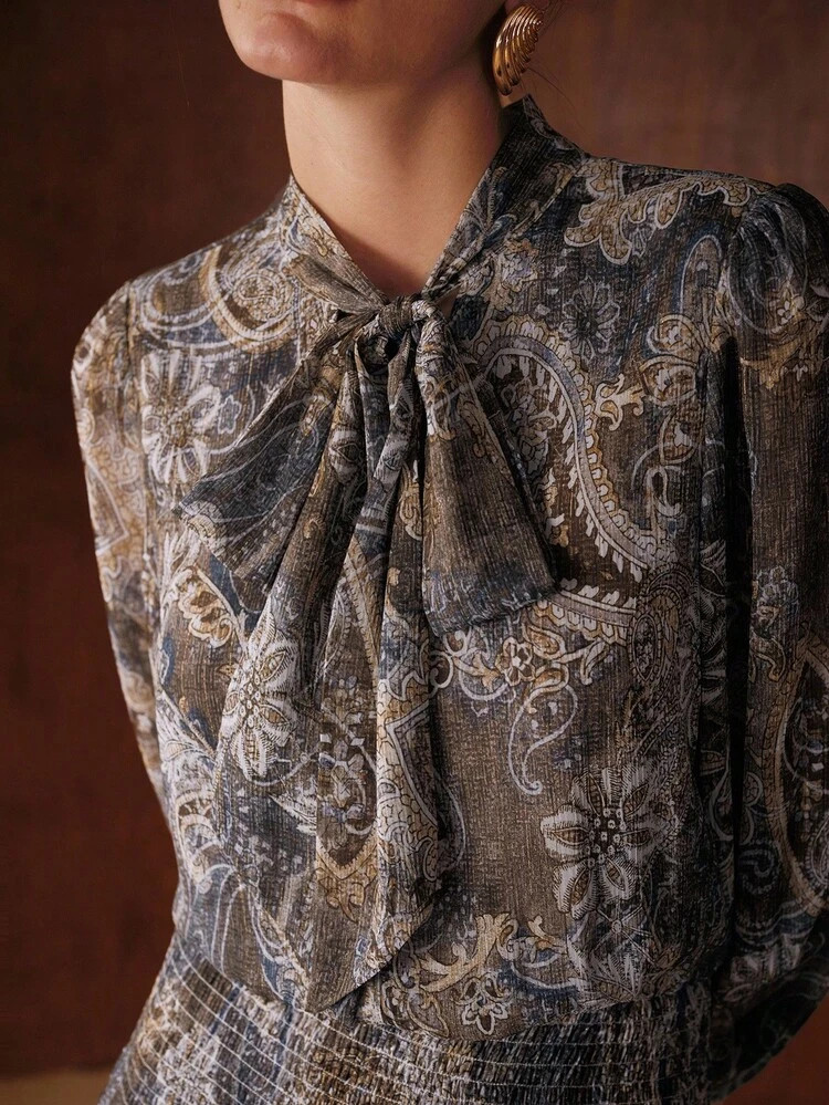 WOMEN'S ELEGANT PAISLEY PRINT SHIRRED WAIST LONG DRESS