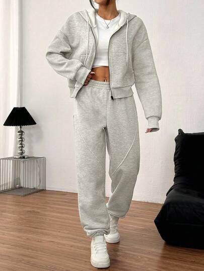 INAWLY Conjunto de 2 piezas de sudadera con capucha y cordón y pantalones de unicolor para mujer