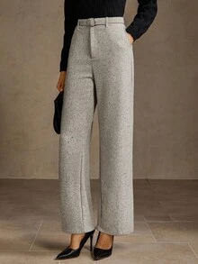 MOTF PREMIUM 斜口袋扣腰带阔腿西装裤 - 灰色 - 查看 5