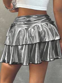 Coolane 少女粉色和紫色闪亮抽绳腰部褶边及膝半身裙，休闲街头风格 - 灰色 - 查看 6