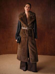 MOTF PREMIUM AUTUMN/WINTER FAUX FUR LAPEL LONG COAT WITH BUCKLE BELT