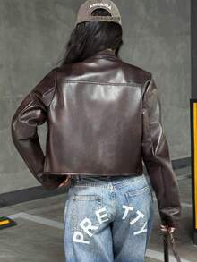 Muchica Women's New Best-Selling Autumn And Winter Contrast Striped Long-Sleeved Casual Brown Imitation Leather Motorcycle Short Jacket, Suitable For Daily Wear - Brown - View 2